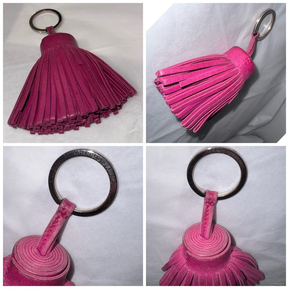 Hermès AUTHENTIC Carmen Leather Magenta Fuchsia Pink Fringe Key Ring Bag Charm - Picture 15 of 16